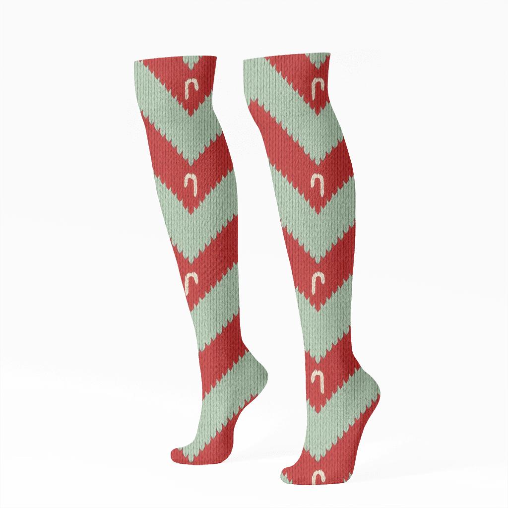 Candy Canes Chevron Knit On Mint Field trendy patterned knee-high socks