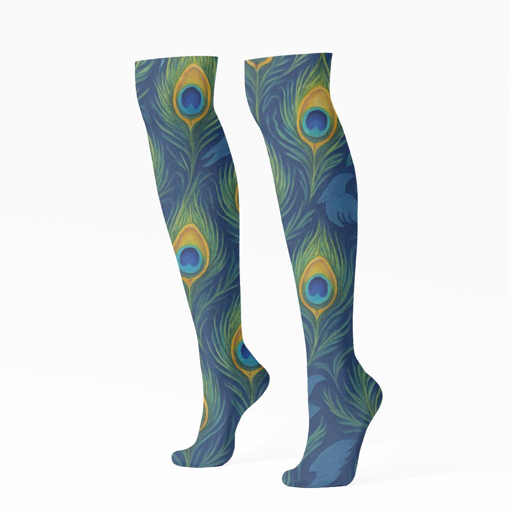Peacock Tail Eye Tessellation On Indigo Background comfortable cotton knee-high socks