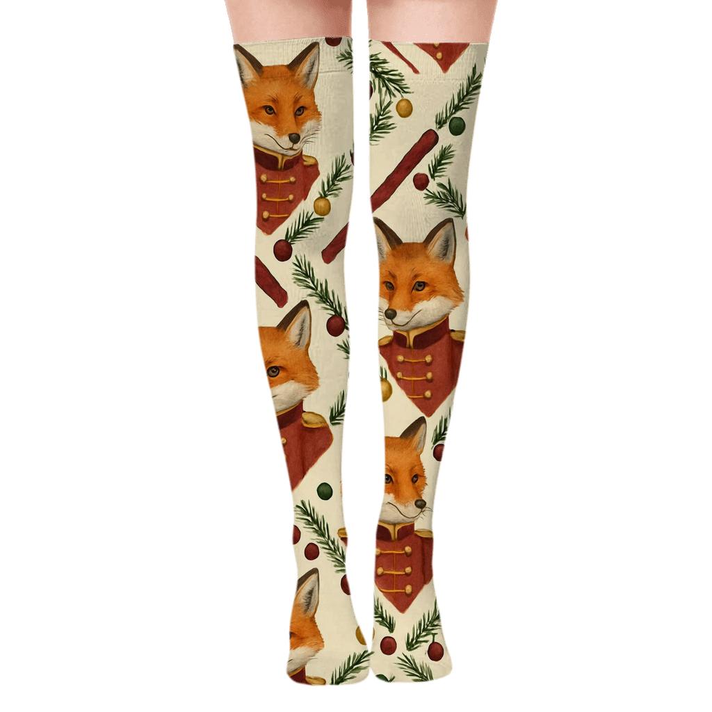 Nutcracker Fox Chevron On Cream Background unique graphic over-the-knee socks