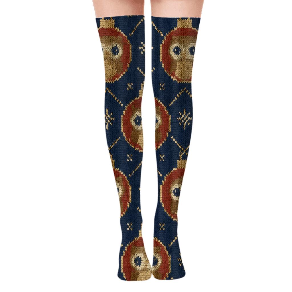 Knitted Snowy Owl Ornament Lattice On Navy Background comfortable cotton over-the-knee socks