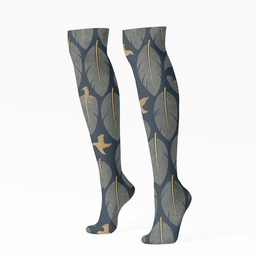Eagle Feather Scale Pattern On Navy Blue Background designer print knee-high socks