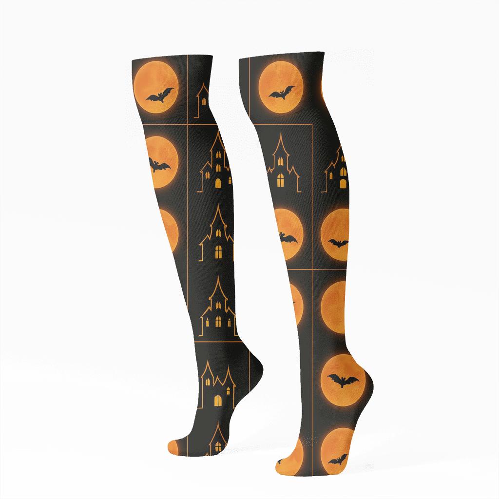 Haunted House Silhouette And Orange Moon Grid On Black Background stylish athletic knee-high socks