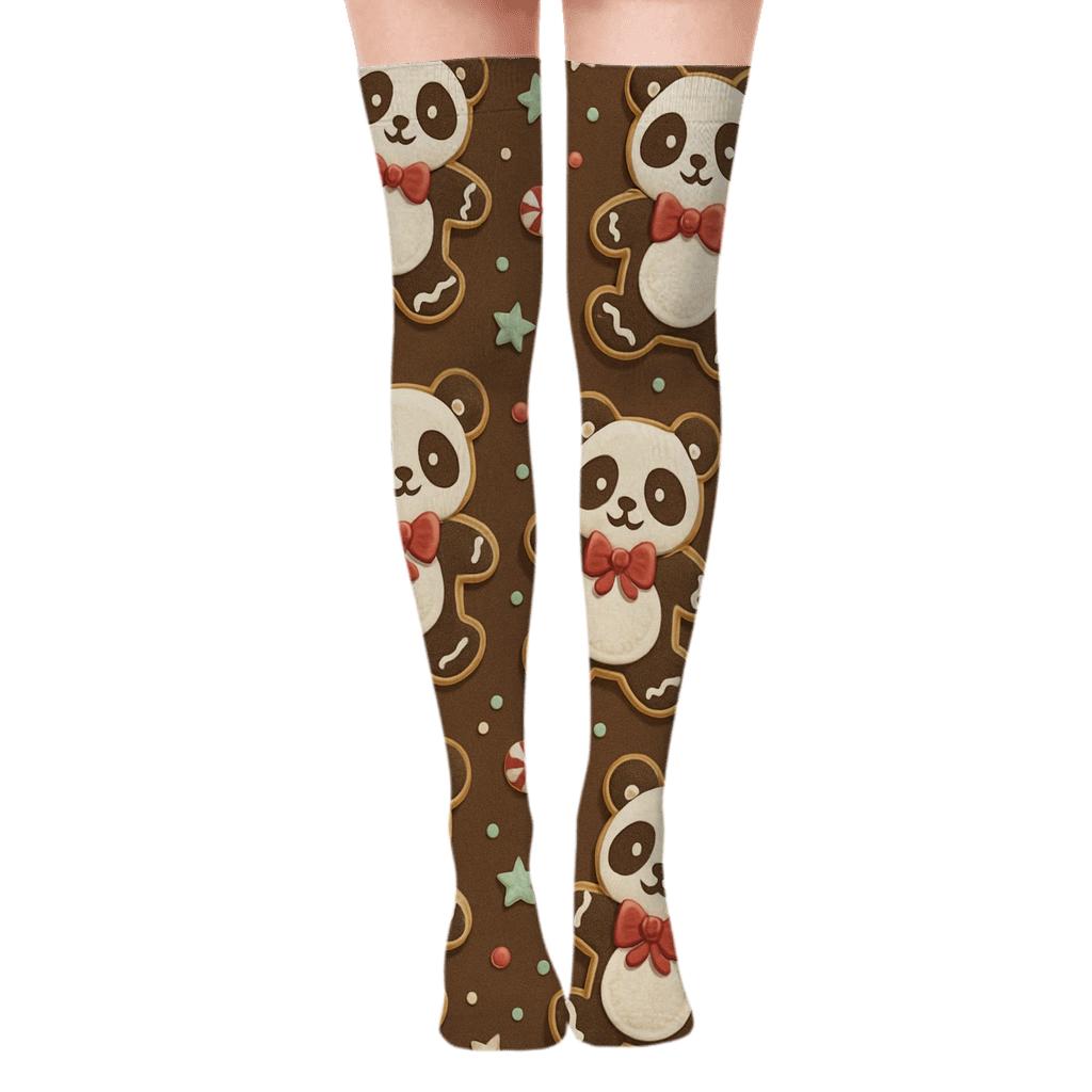 Gingerbread Panda Scatter On Cocoa Brown Background trendy patterned over-the-knee socks