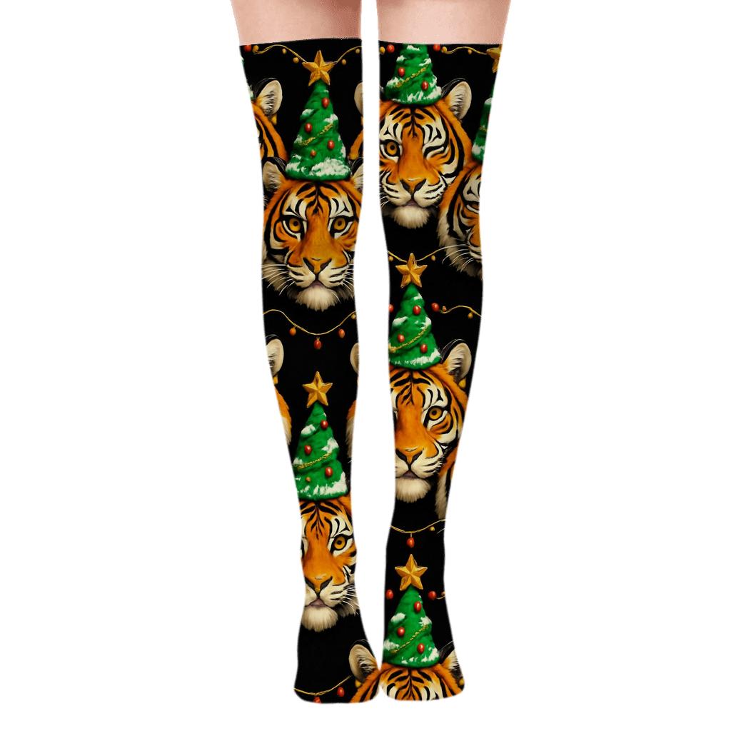 Christmas Tree Tiger Portrait Repeat On Black Background comfortable cotton over-the-knee socks