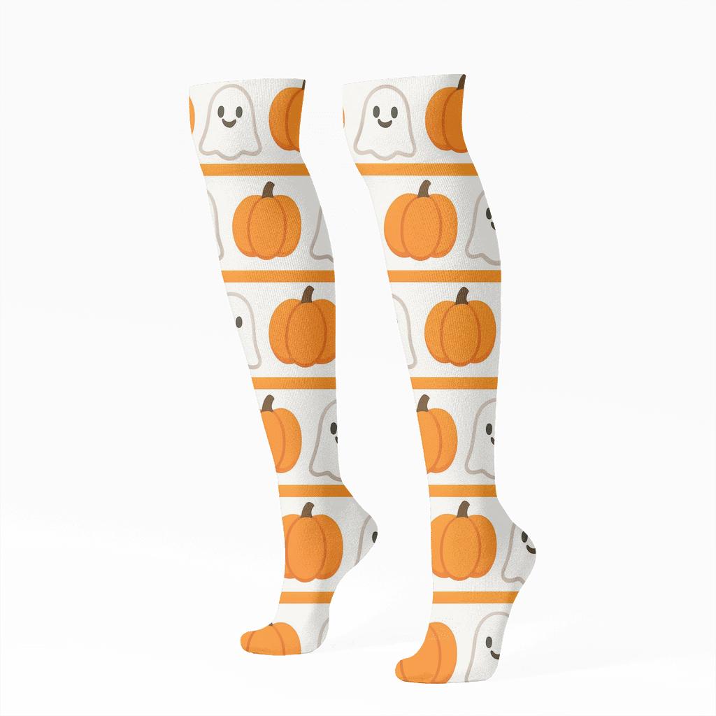 Ghost And Orange Pumpkin Alternating Stripes On White Background premium sports knee-high socks