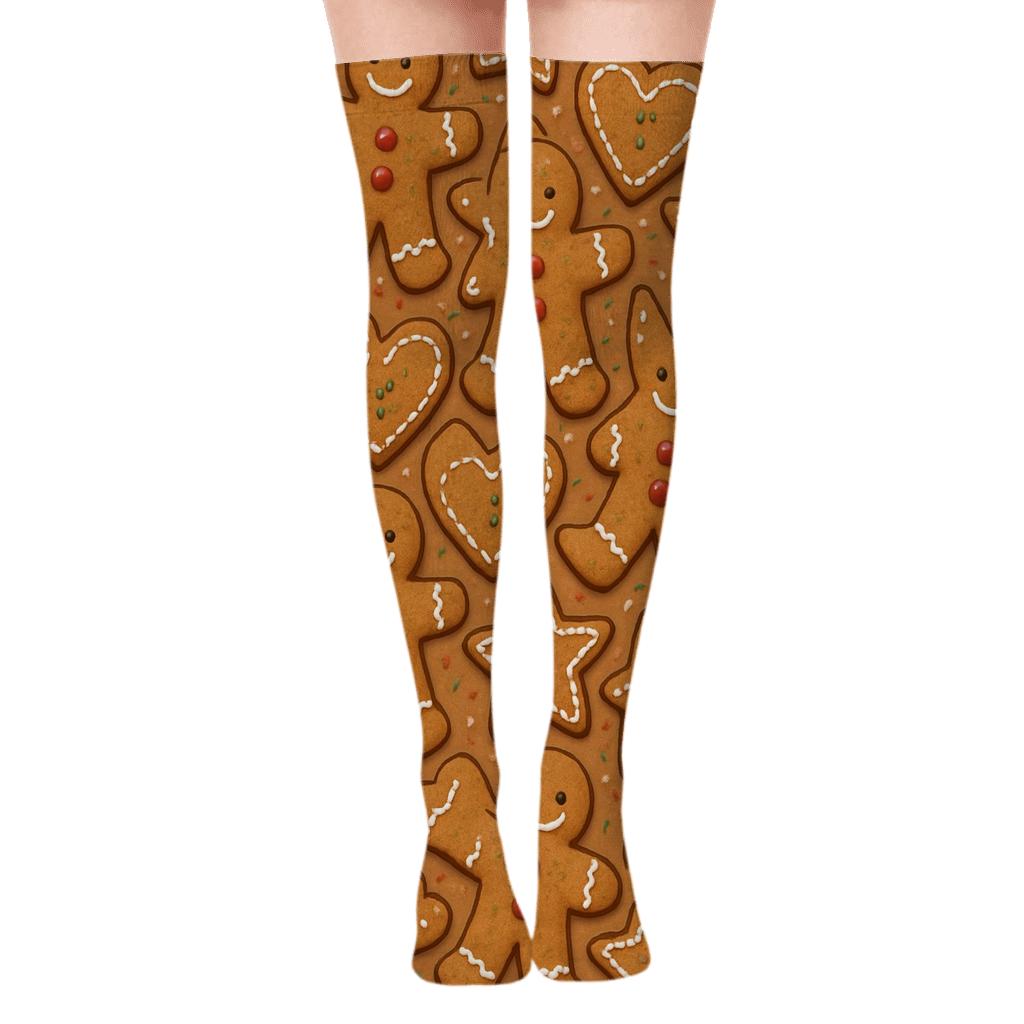 Xmas Gingerbread Cookie Tessellation On Warm Brown custom over-the-knee socks