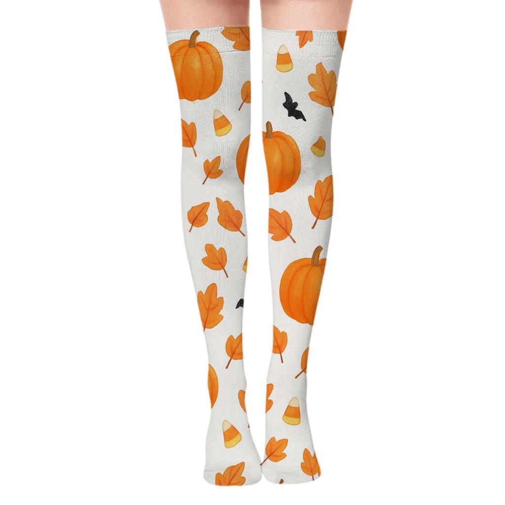Orange Autumn Leaf And Pumpkin Scatter On White Background unique graphic over-the-knee socks