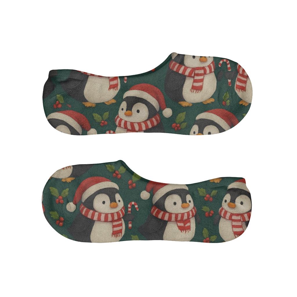 Peppermint Penguin Parade Tiles On Midnight Green Background trendy no-show sock styles