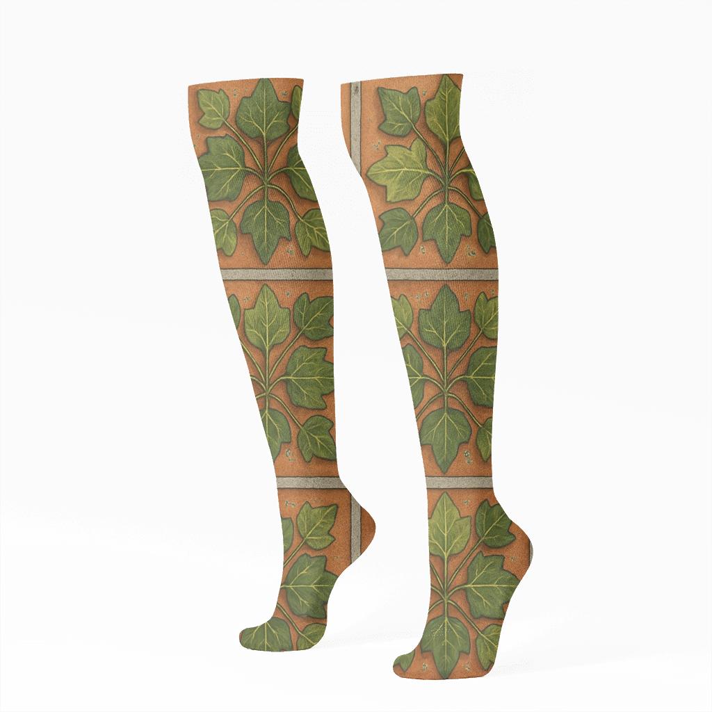 Ivy Brickwork Medallion Tiles On Warm Terracotta custom knee-high socks