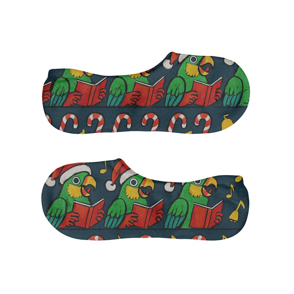 Pop Art Parrot Carolers Stripe Repeat On Navy Background trendy no-show sock styles