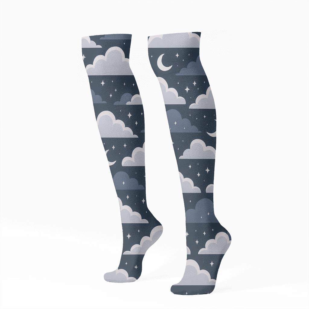 Twilight Indigo Star Drift With Clouds Motifs premium sports knee-high socks