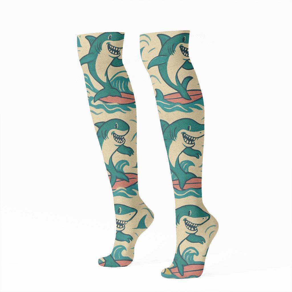 Vintage Marine Poster Look With Playful Shark Surf Parade premium sports knee-high socks