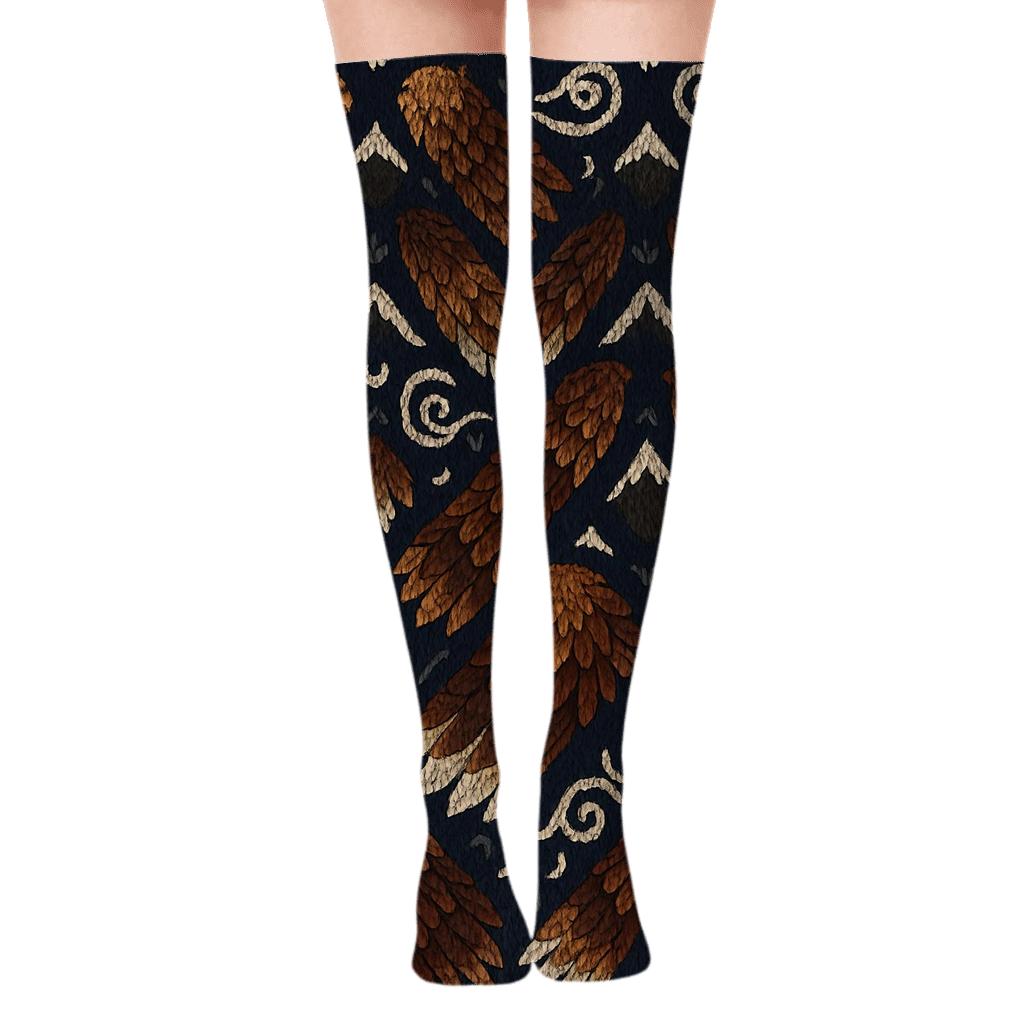 Eagle-Feather Chevron Tapestry premium cozy over-the-knee socks