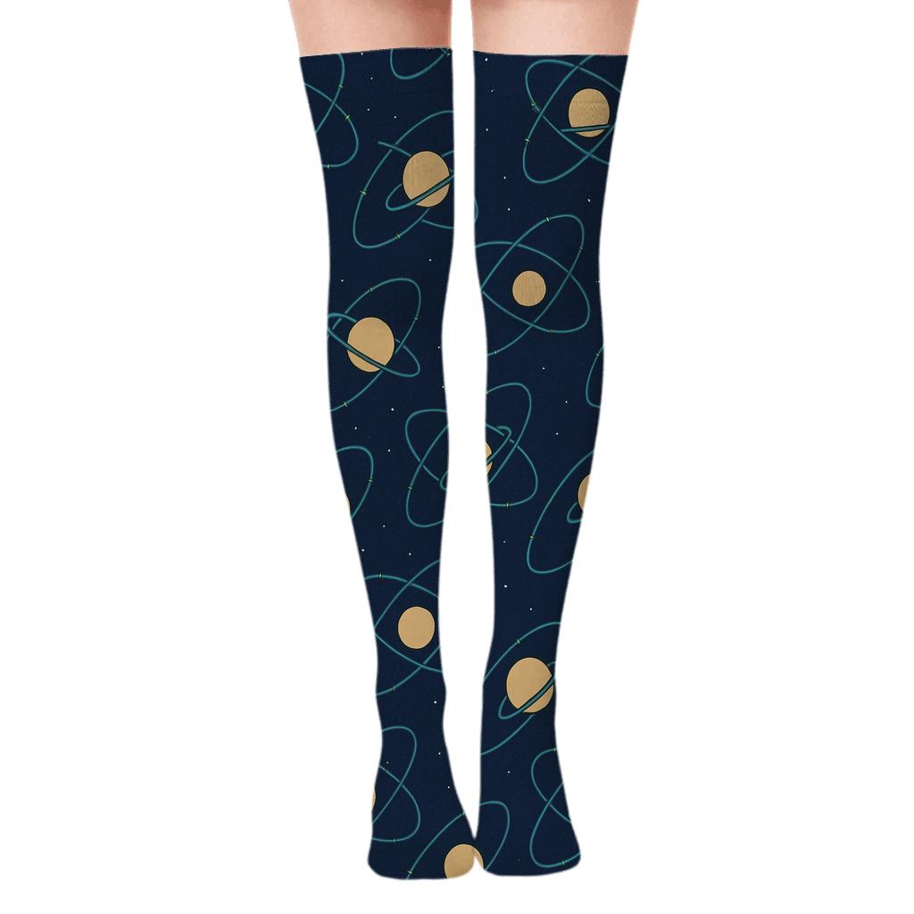 Ionized Teal Orbital Band Lattice On Deep Navy Background unique graphic over-the-knee socks