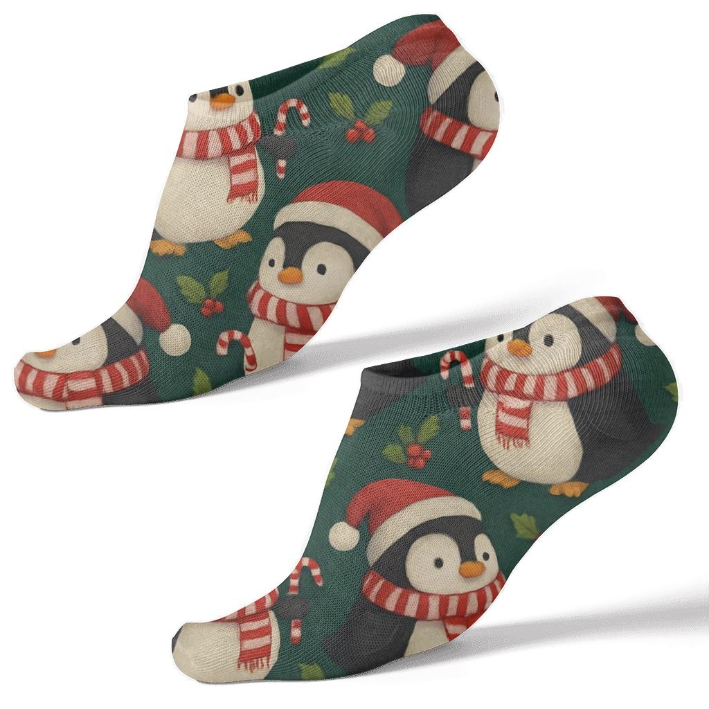 Peppermint Penguin Parade Tiles On Midnight Green Background premium sports ankle socks