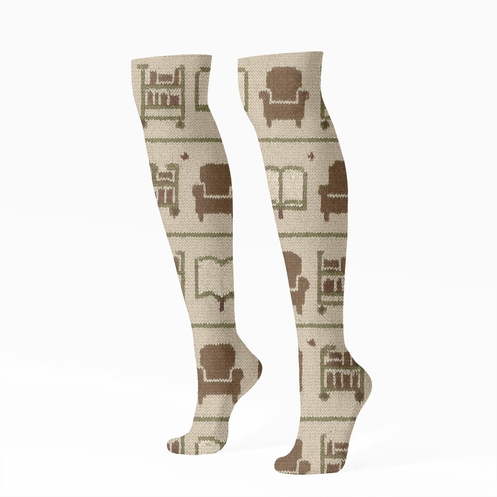 Knitted Pattern Illusion With Librarian Cart Waves comfortable cotton knee-high socks