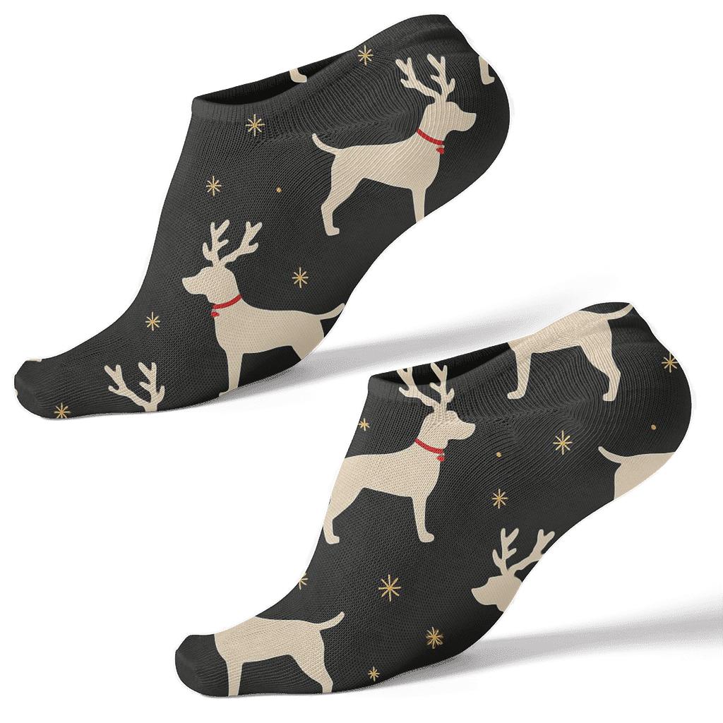 Minimal Reindeer Dog Silhouette Grid On Black Background trendy patterned ankle socks