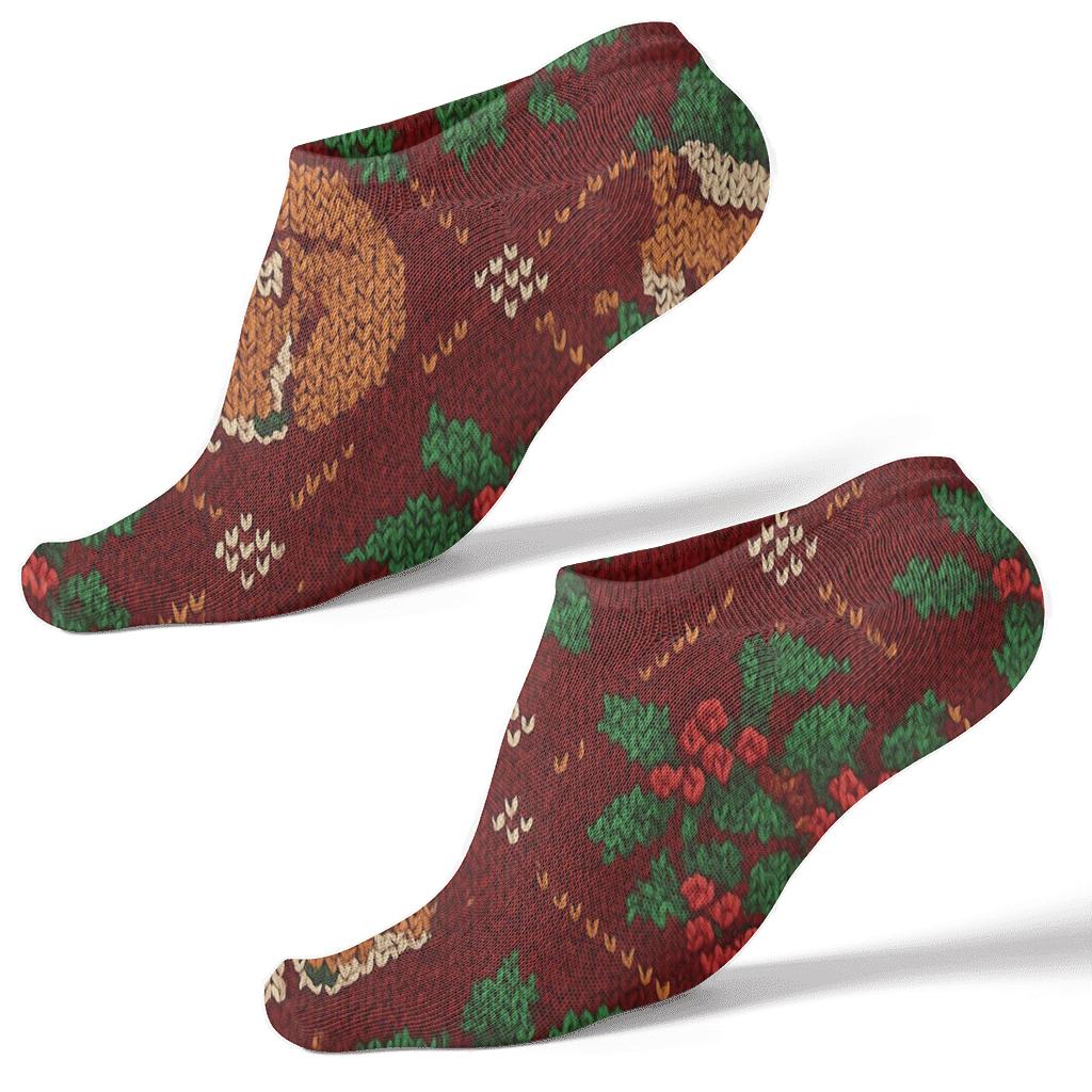 Cozy Knit Fox And Holly Lattice On Red Background trendy patterned ankle socks