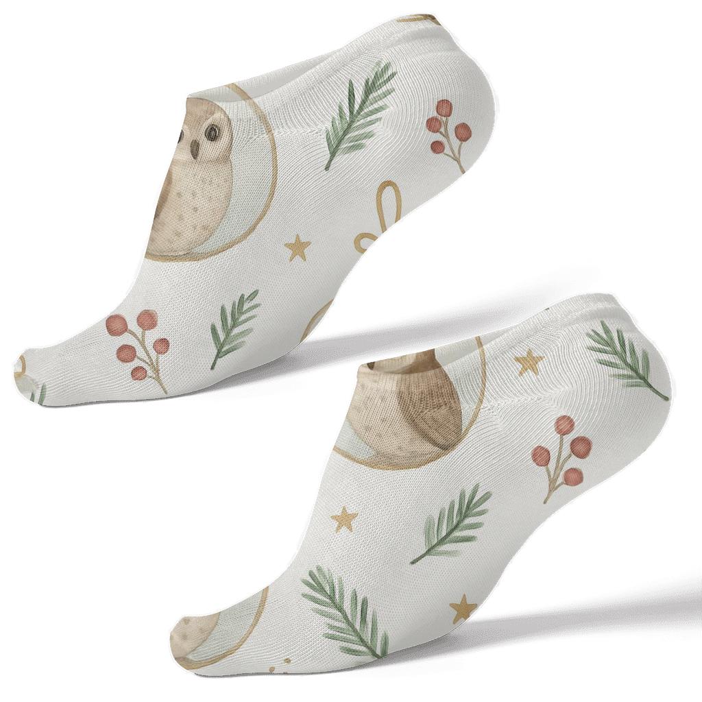 Watercolor Owl Ornament Scatter On Snow White Background premium sports ankle socks