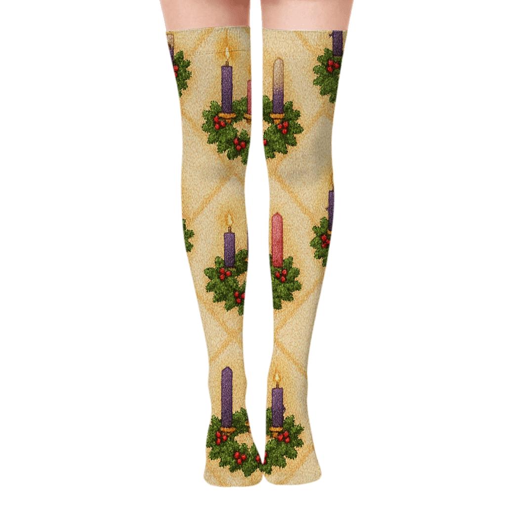 Knitted Advent Candles Lattice In Warm Cream unique graphic over-the-knee socks