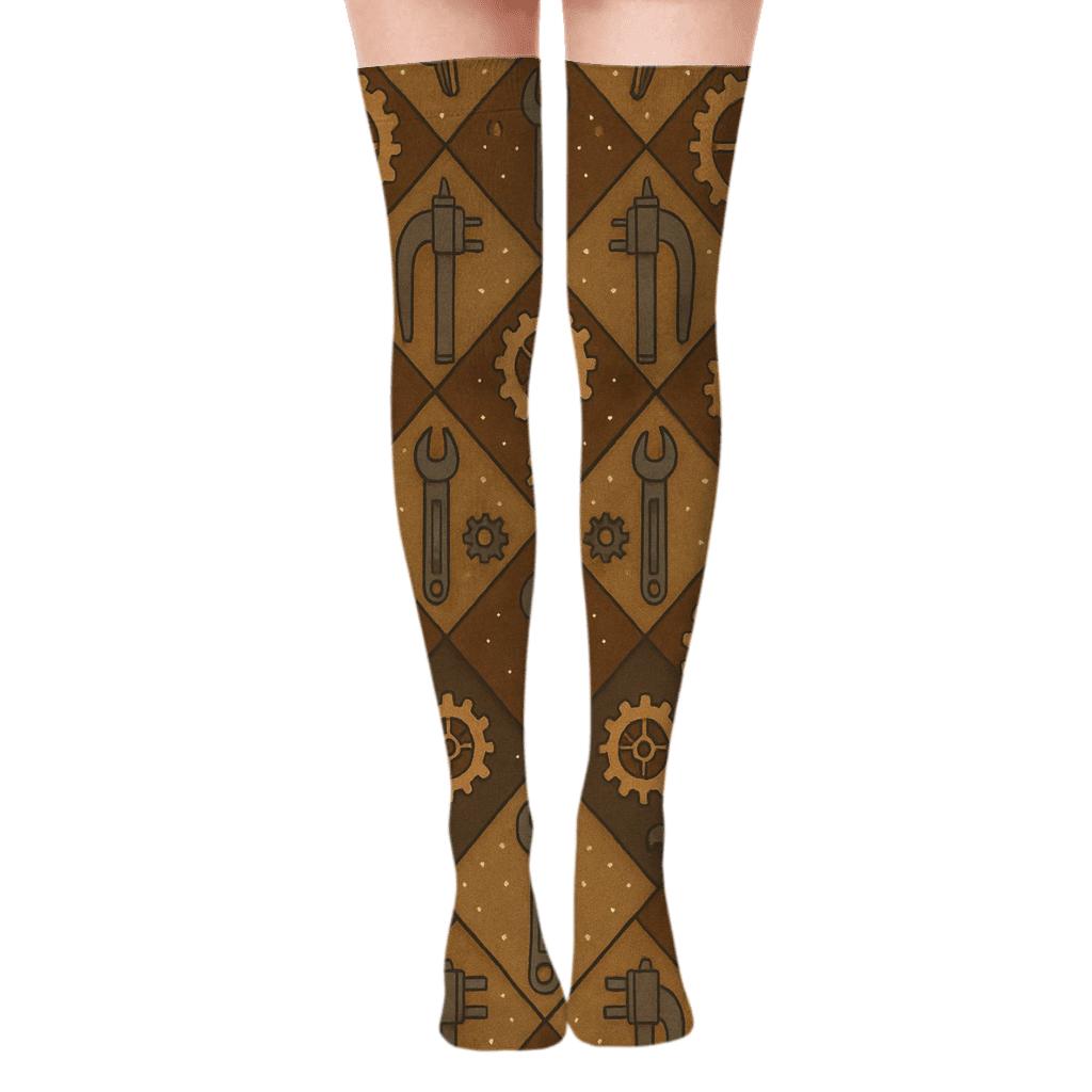Copper And Brass Mechanical Engineer Gear Quilt designer print over-the-knee socks