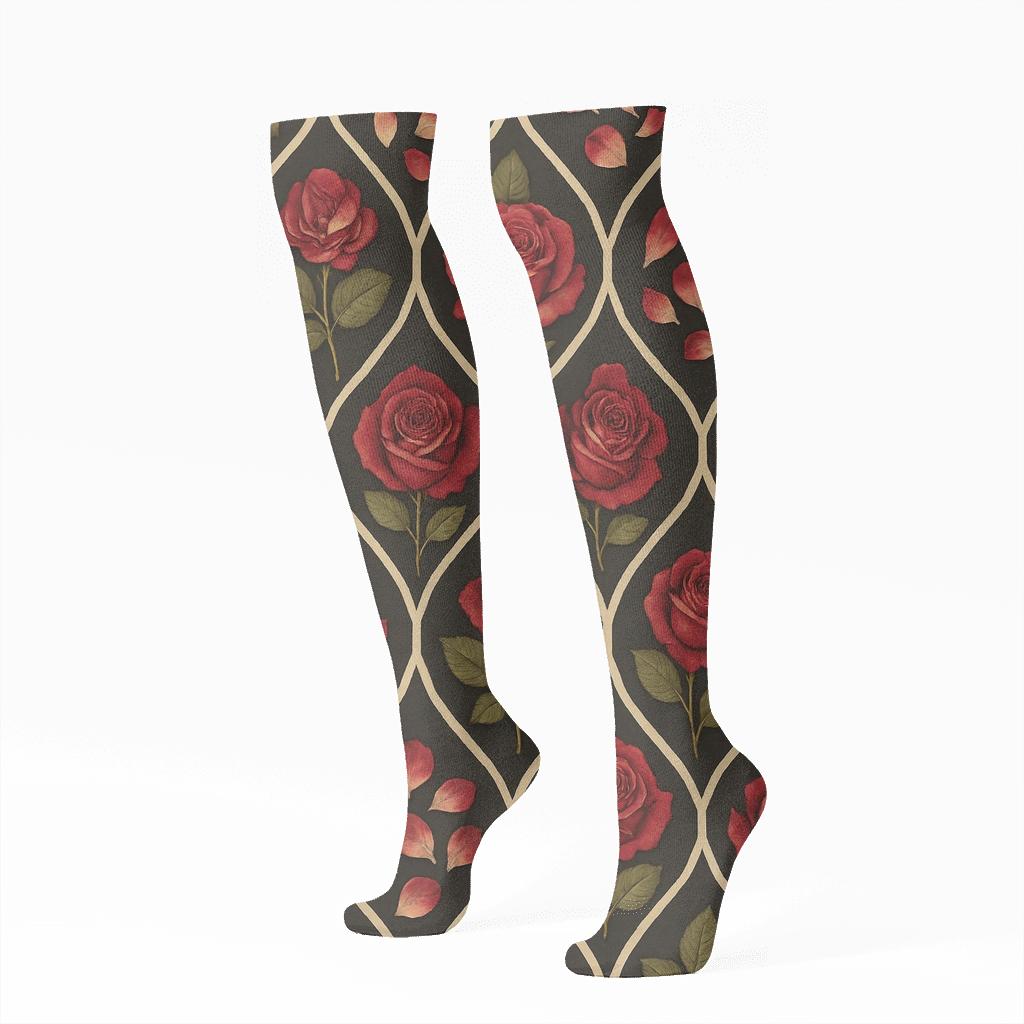 Botanical Collage Pattern With Valentines Rose Trellis Tiles trendy patterned knee-high socks