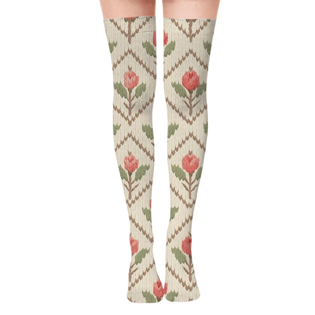 Valentines Rose Rosebud Chevron On Cream Knit Illusion stylish fashion over-the-knee socks