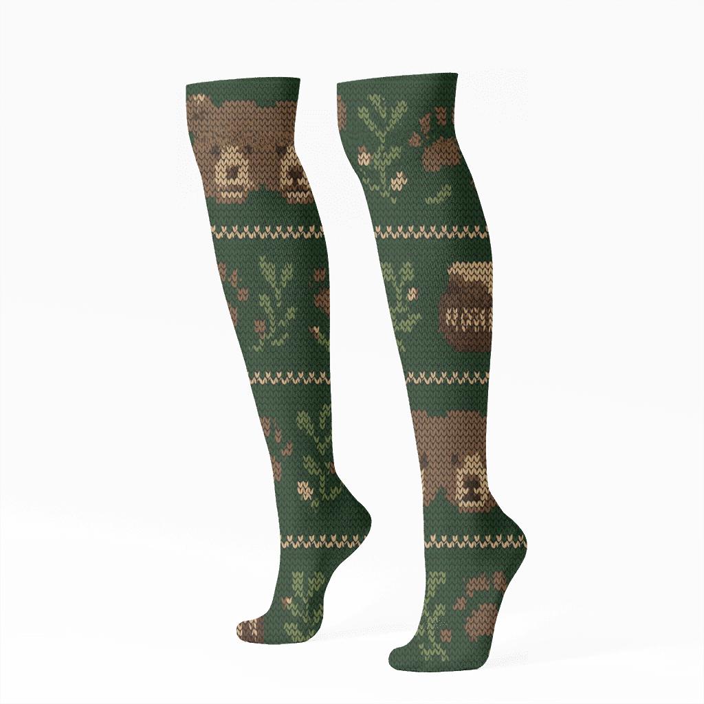 Knit Illusion Forest Banding With Bear Motifs comfortable cotton knee-high socks