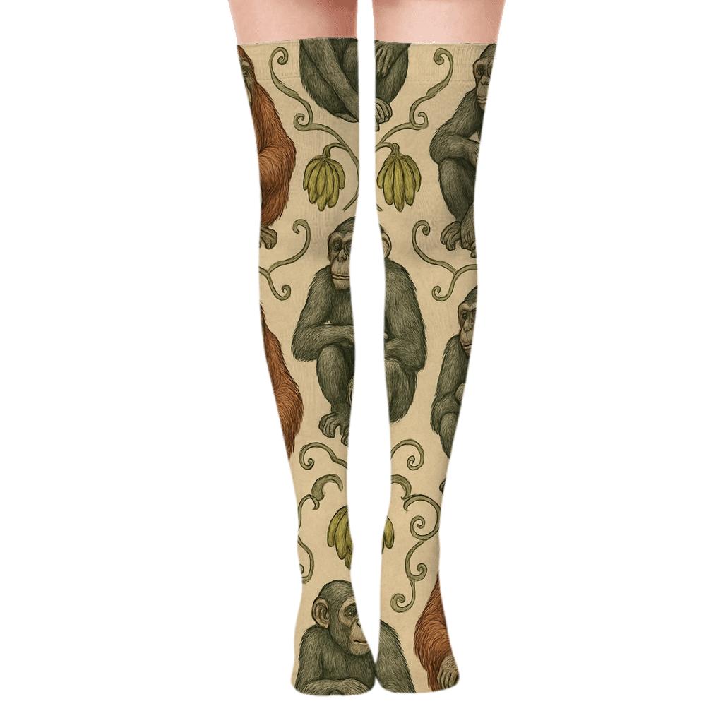 Vintage Jungle Tile Ape Study premium cozy over-the-knee socks