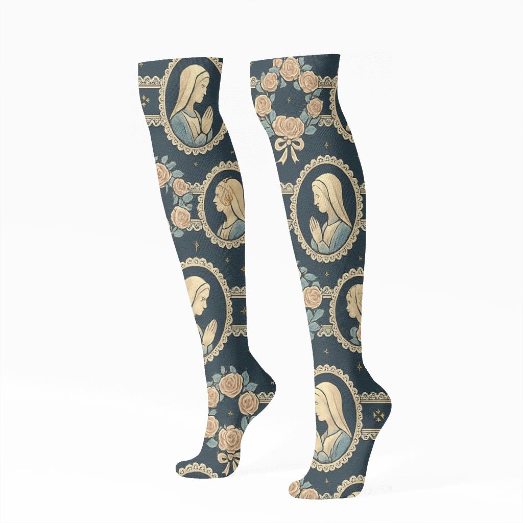 Mary-Brocade Ribbon And Rose Medallions trendy patterned knee-high socks