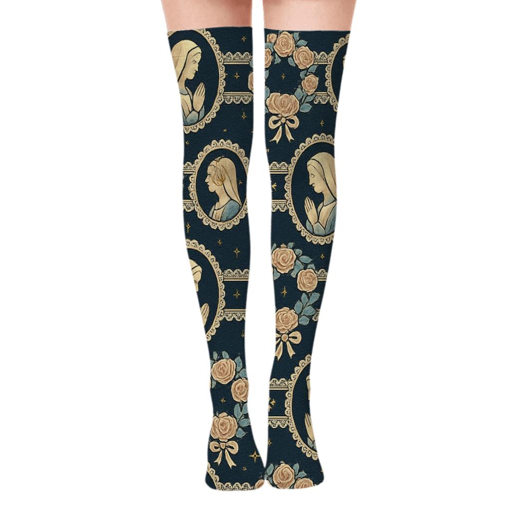 Mary-Brocade Ribbon And Rose Medallions stylish fashion over-the-knee socks