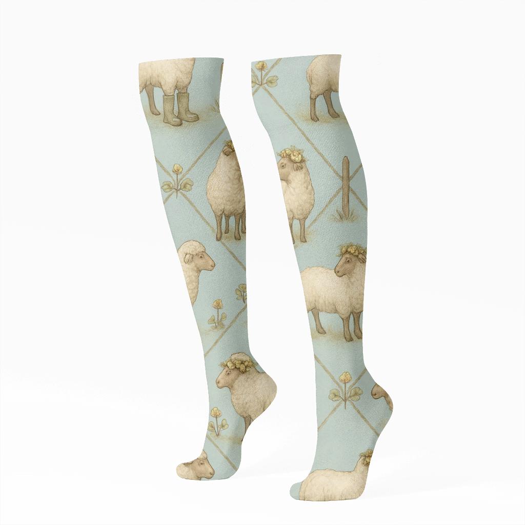 Vintage Pasture Poster Repeat, Meadow Sheep premium sports knee-high socks