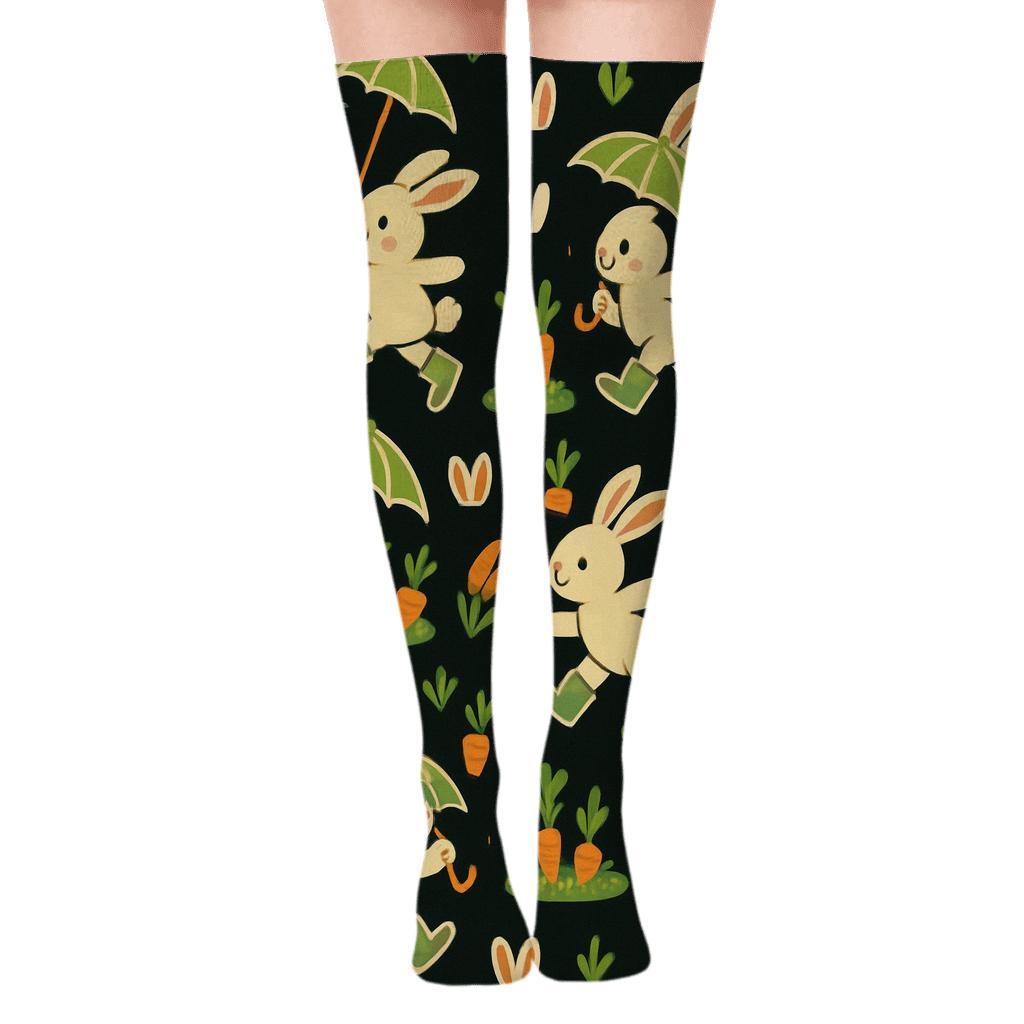 Playful Umbrella Parade With Rabbit Motifs comfortable cotton over-the-knee socks