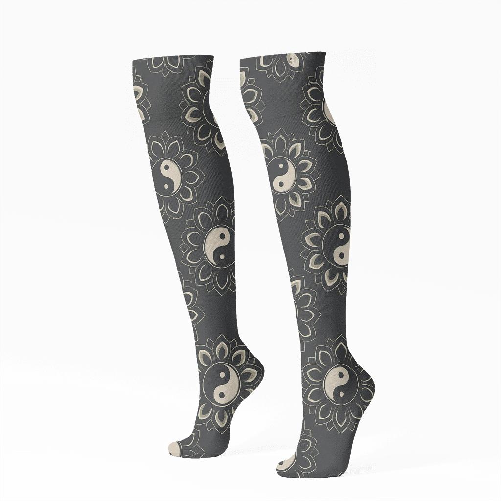 Silver Ink Taijitu Mandala Tiles On Charcoal soft everyday knee-high socks