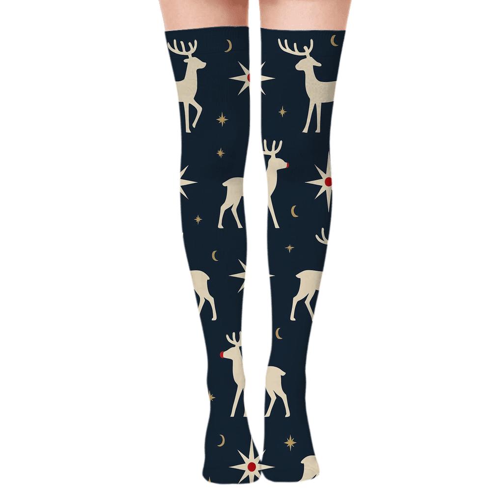 Reindeer Silhouettes With Rudolph Star Compass custom over-the-knee socks