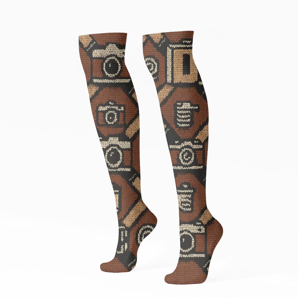 Camera Strap Lattice, Playfully Crafted Photographer Pattern stylish athletic knee-high socks