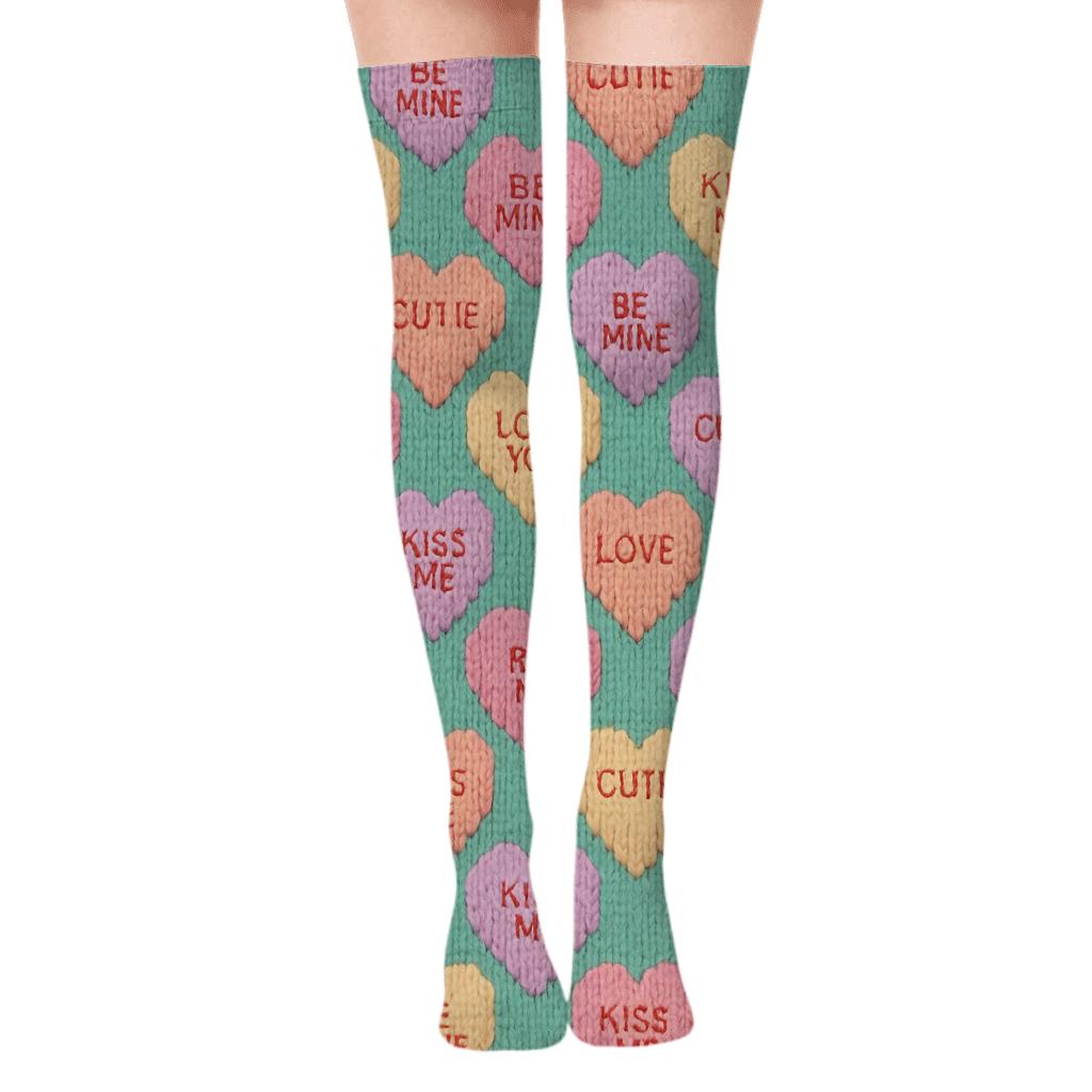 Candy Heart Knit Illusion Lattice On Mint personalized over-the-knee socks