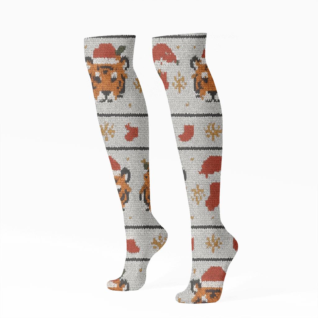 Winter Tiger Fair Isle Knit Repeat On Light Gray Background soft everyday knee-high socks