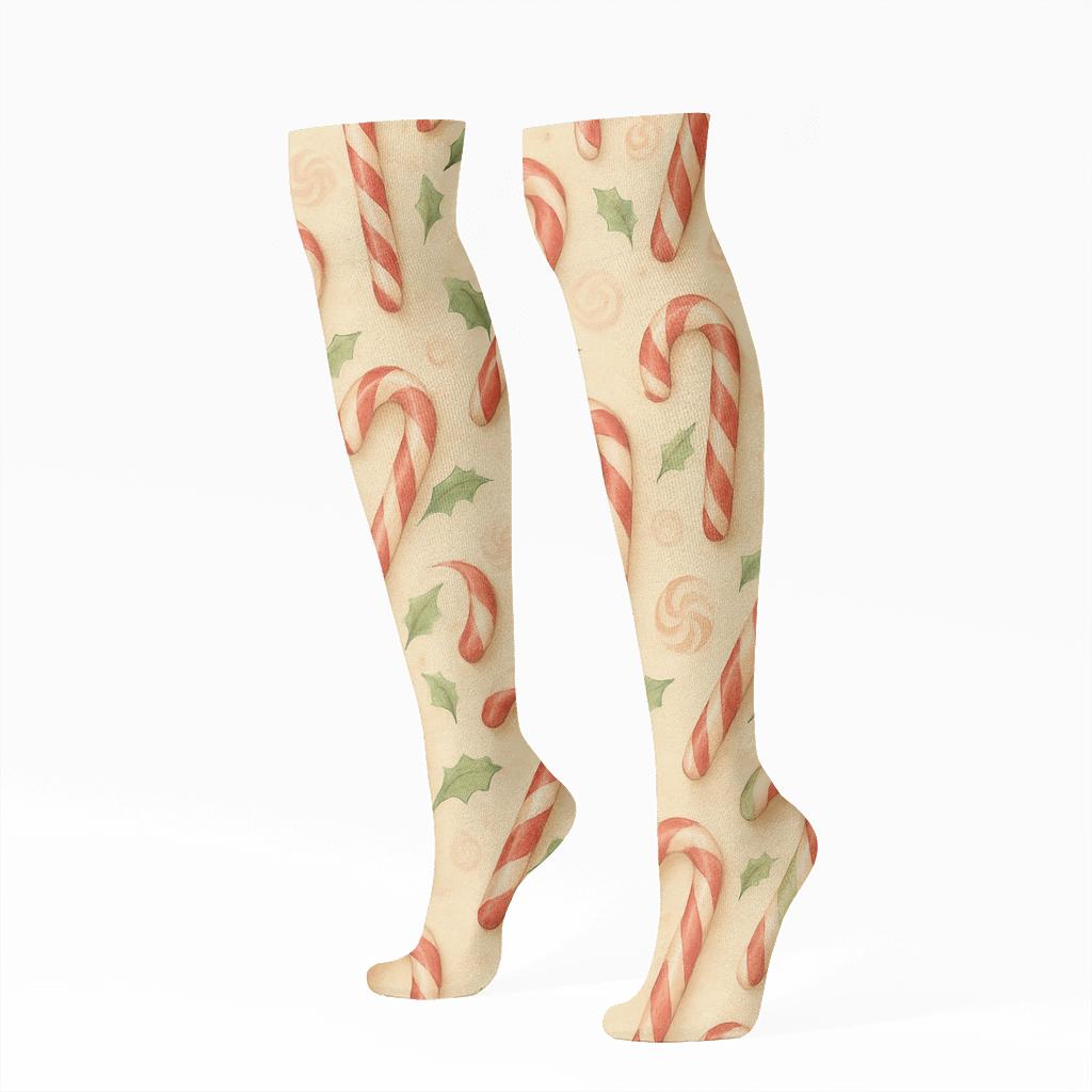 Painted Confection Study With Candy Canes On Beige stylish athletic knee-high socks
