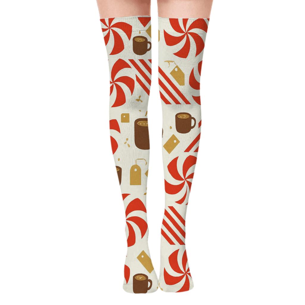 Peppermint Swirl Bands With Candy Canes Accents designer print over-the-knee socks