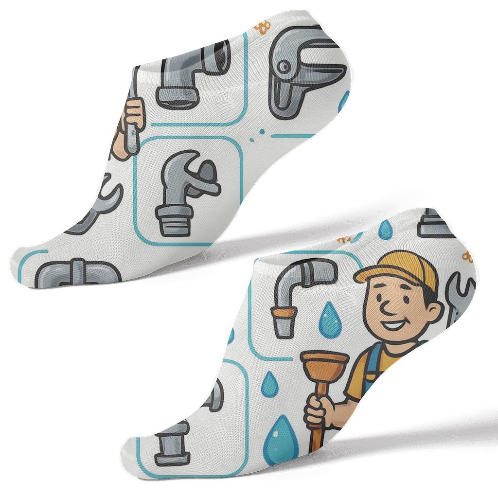 Tool Collage Grid With Plumber Characters comfortable cotton ankle socks