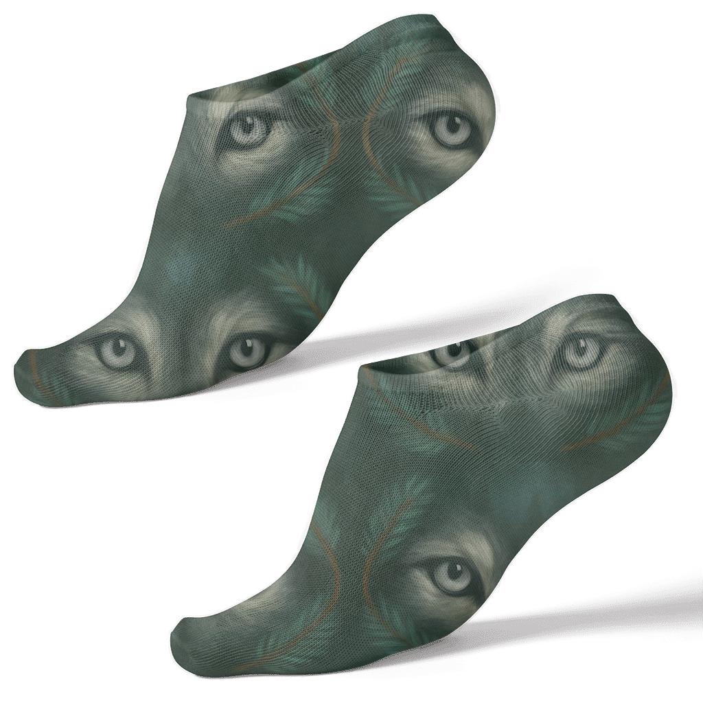 Mirrored Forest Study With Gray Wolf Eyes designer print ankle socks