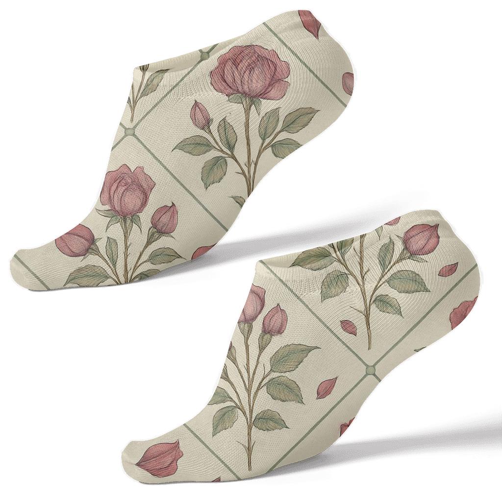 Botanical Lattice With Valentines Rose Blooms custom ankle socks