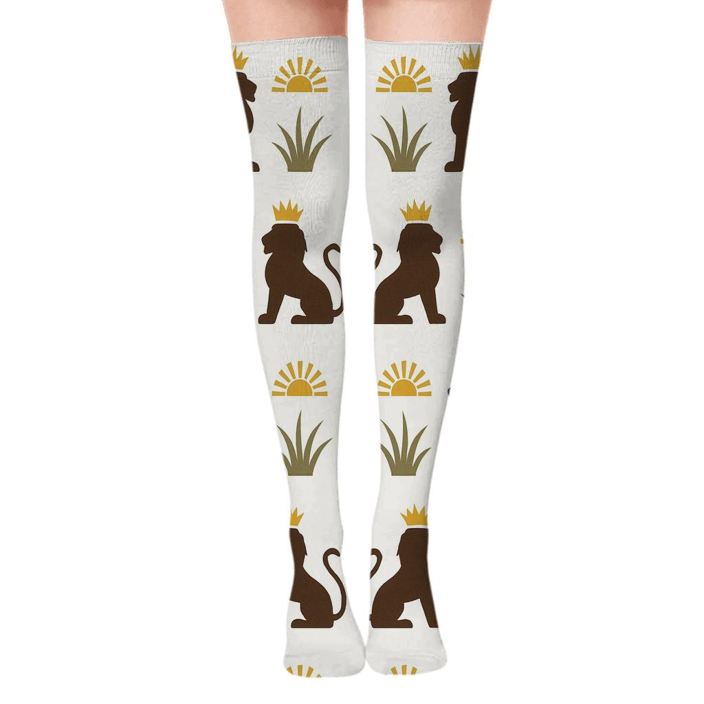 Botanical Chic Tiles With Crowned Lion Silhouettes comfortable cotton over-the-knee socks