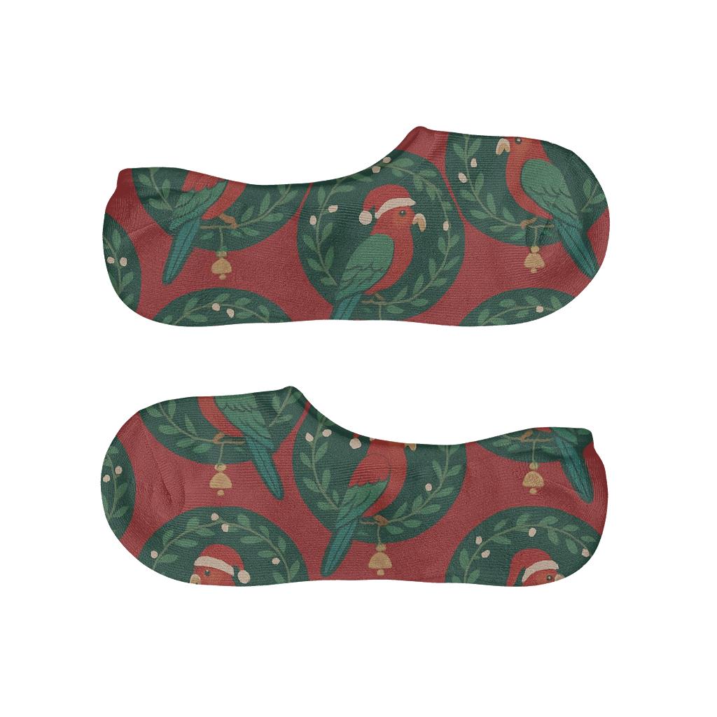 Parrot Mistletoe Medallion Rings On Scarlet Background breathable no-show socks