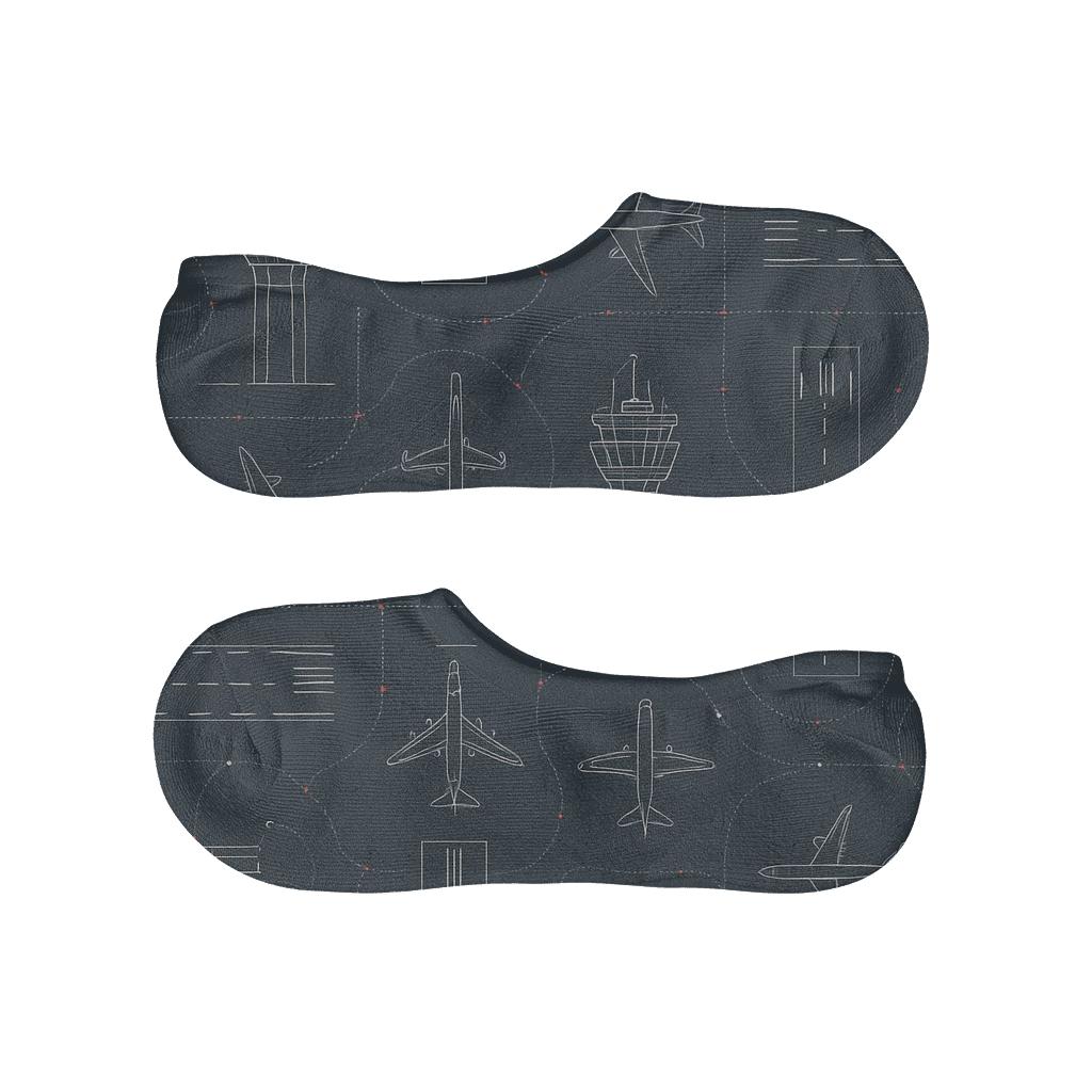 Airplane And Tower Blueprint Repeat designer printed no-show socks