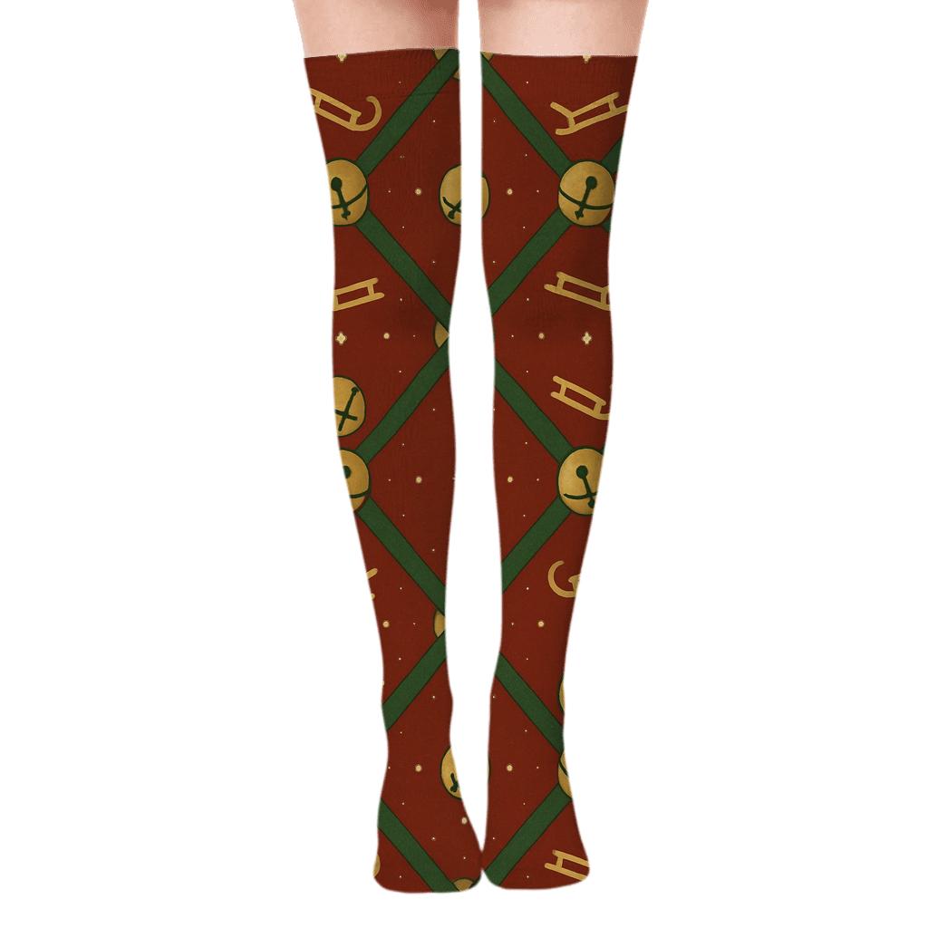 Sleigh Bell Lattice On Deep Crimson Ground trendy patterned over-the-knee socks