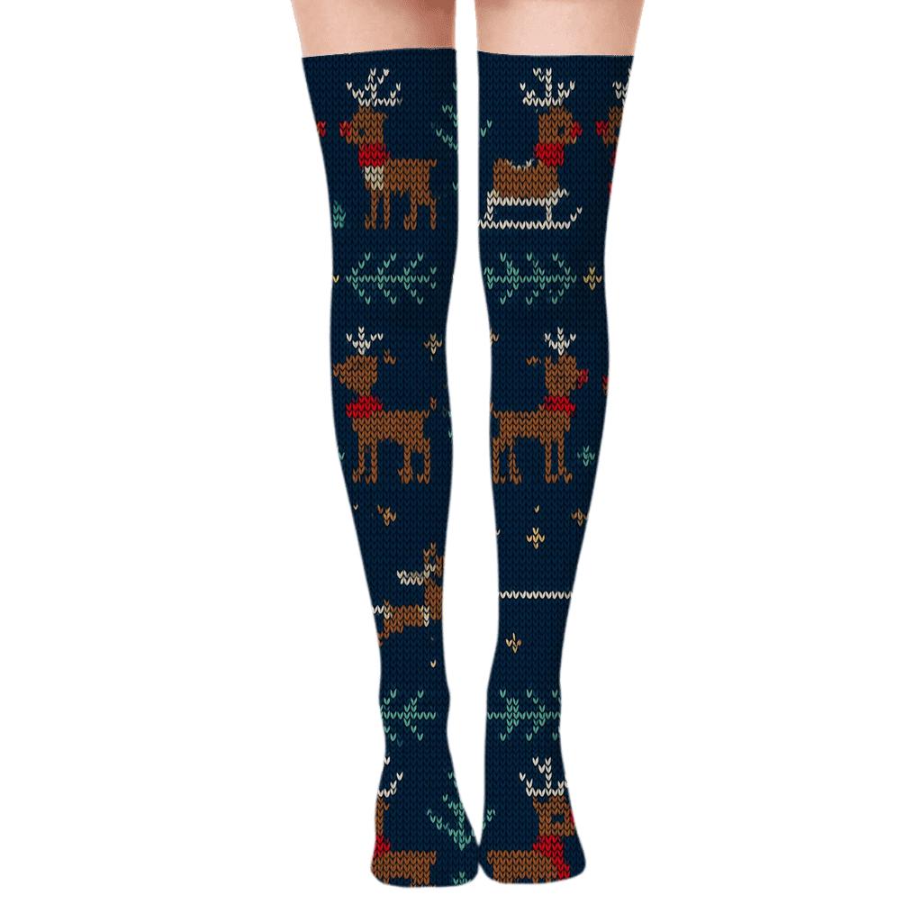 Nordic Knit Bands With Rudolph Sleigh Lead trendy patterned over-the-knee socks