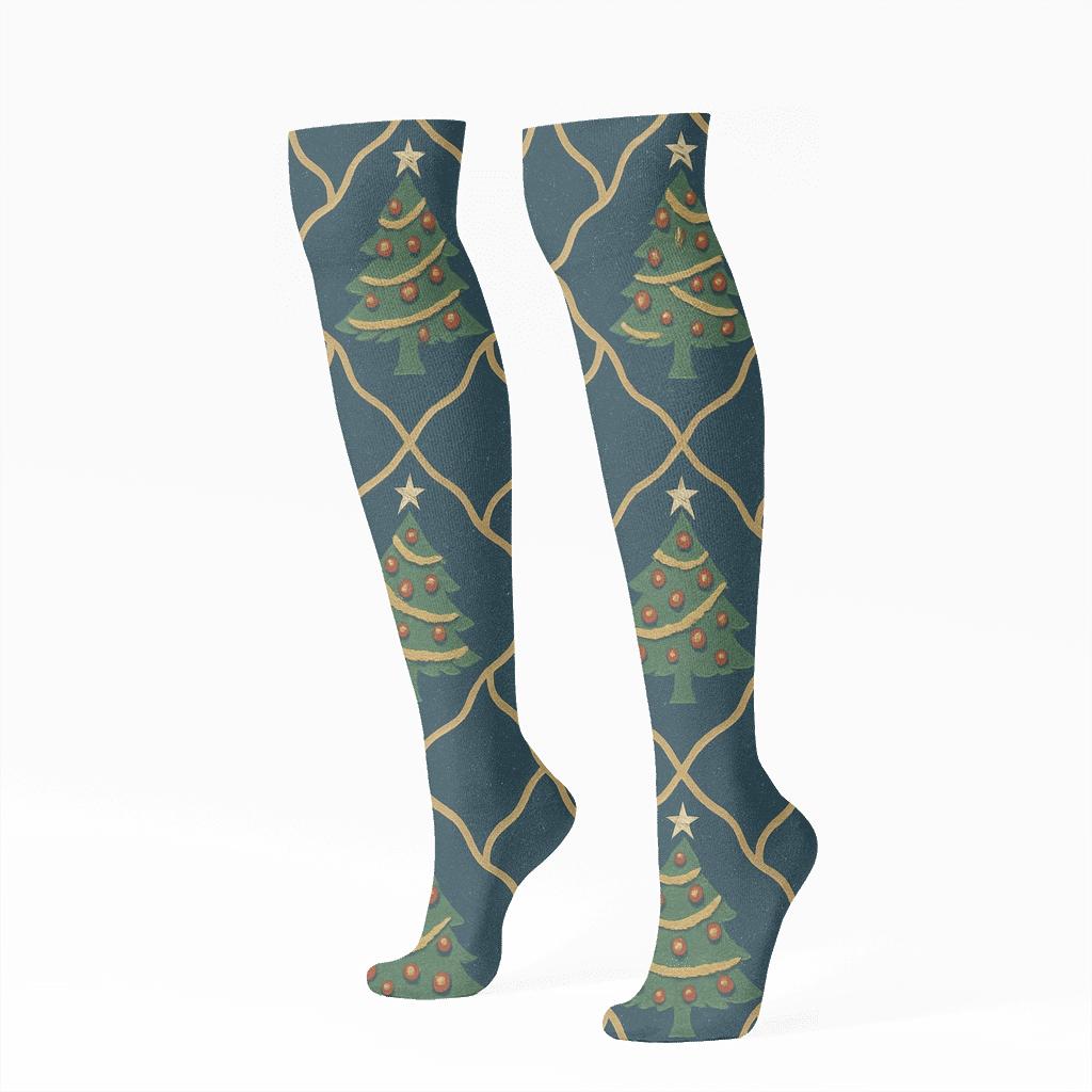 Christmas Tree Garland Lattice On Midnight Blue stylish athletic knee-high socks