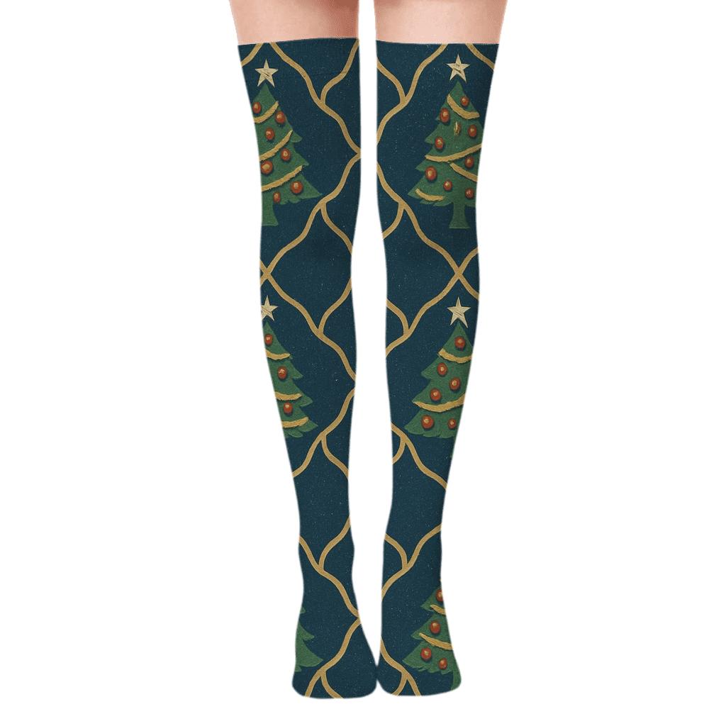 Christmas Tree Garland Lattice On Midnight Blue stylish fashion over-the-knee socks